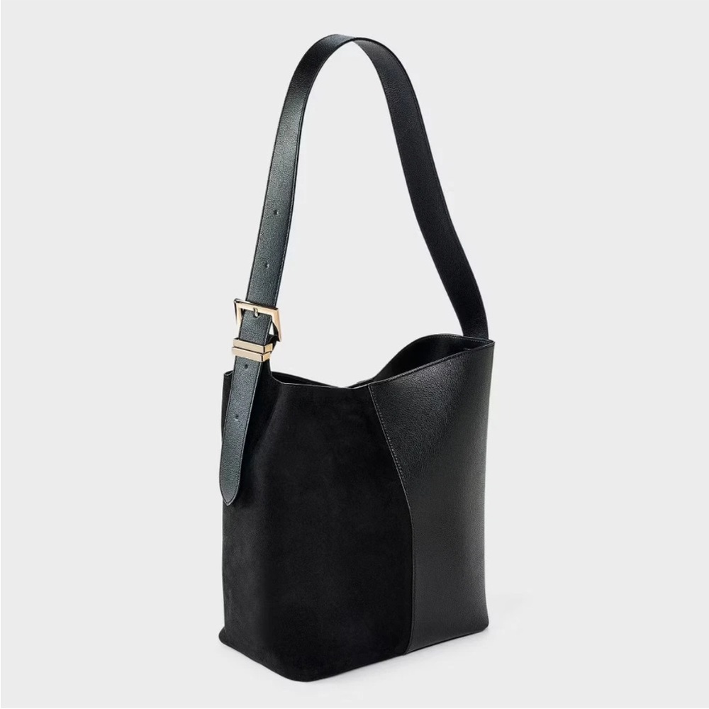 NWT Shoulder Bucket Bag - A New Day Black Faux Suede Gold Detail NEW